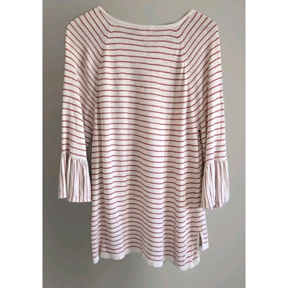 J. Jill Linen Knit Sweater Women's PXL Tan Red Striped  Flounce Sleeve Tunic - Picture 5 of 7